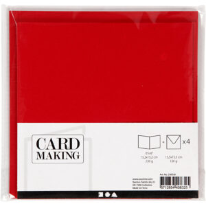 Kort & Kuverter – 15,2 x 15,2 cm – 4 sæt – Rød